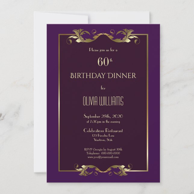 Invitation Elégant Burgundy Purple Gold 60e Anniversaire Dîne (Devant)