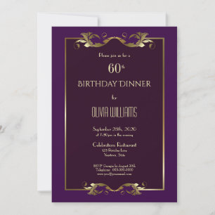 Invitation Elégant Burgundy Purple Gold 60e Anniversaire Dîne
