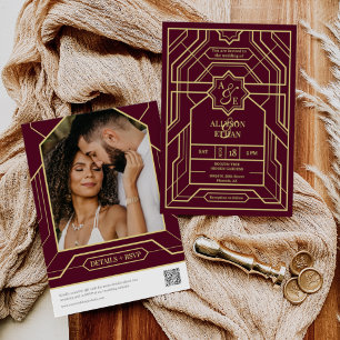 Invitation Elégant Burgundy Retro Art Déco Gold QR Code Photo