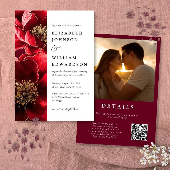 Invitation Élégant Burgundy Rouge Floral Photo QR Code Mariag (Elegant Burgundy Red Floral Photo QR Code Wedding Invitation)