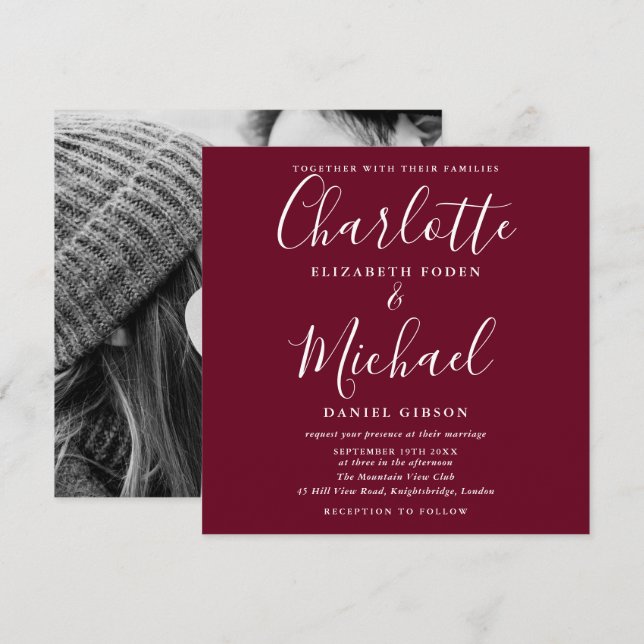 Invitation Élégant Burgundy Script Signature Mariage Photo (Devant / Derrière)
