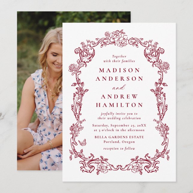 Invitation Elegant Burgundy Victorian Floral Frame Wedding (Devant / Derrière)