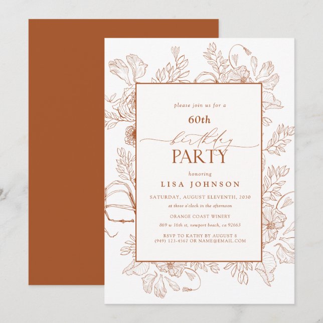 Invitation Elégant Burnt Orange 60e Anniversaire Floral Line  (Devant / Derrière)