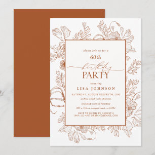 Invitation Elégant Burnt Orange 60e Anniversaire Floral Line