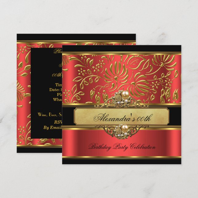 Invitation Élégant Burnt Orange Rouge or Damask Pearl Party (Devant / Derrière)