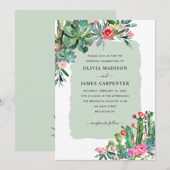 Invitation Elégant Cactus Succulent verdure Mariage Floral (Devant / Derrière)