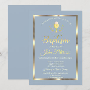 Invitation Elégant cadre Baptême Dusty Bleu