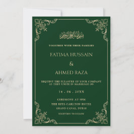 Invitation Elégant cadre baroque Or Vert Mariage musulman