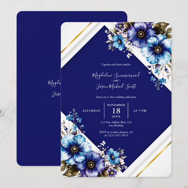 Invitation Elégant cadre bleu blanc or Aquarelle Fleurs (Devant / Derrière)