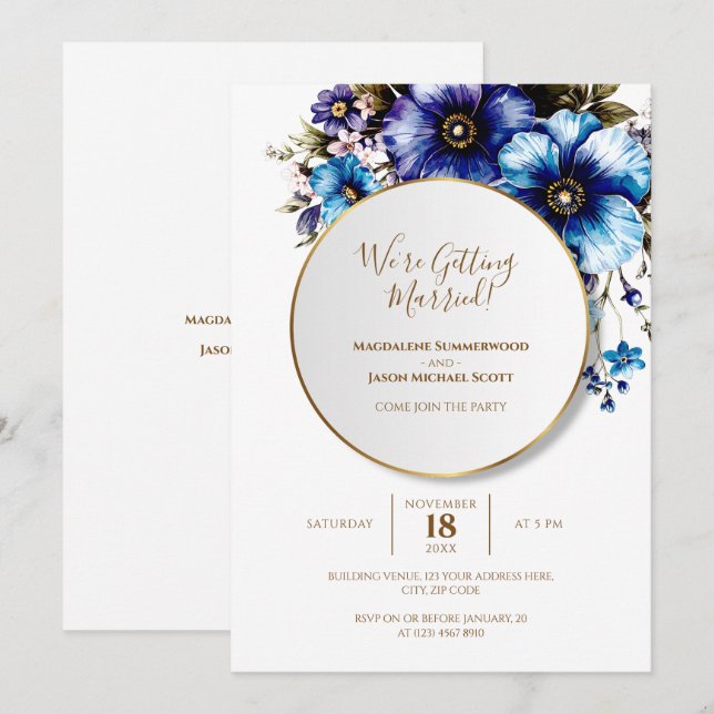 Invitation Elégant cadre Cercle Or Bleu pourpre Floral (Devant / Derrière)