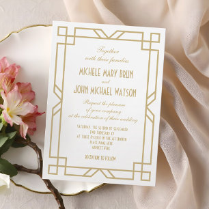 Invitation Elégant cadre classique Art Déco Mariage blanc or