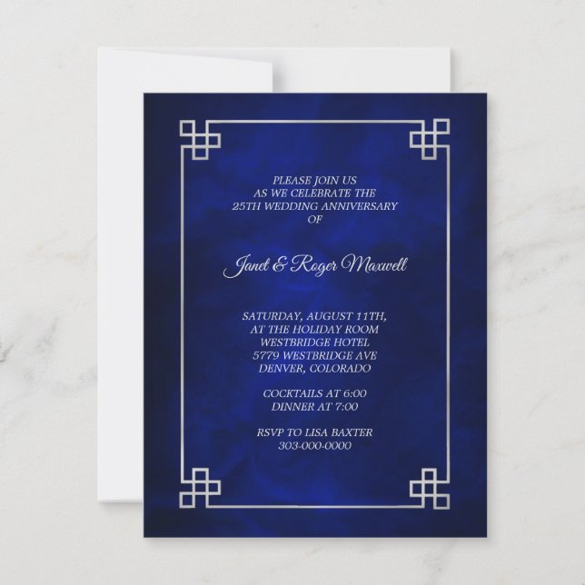 Invitation Elégant cadre d'argent bleu 25e anniversaire Maria (Devant)