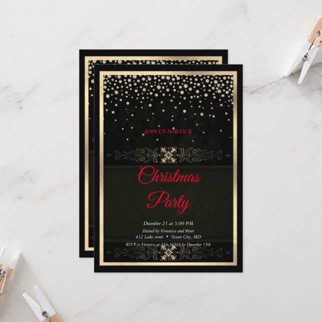Invitation Elégant cadre de diamants noirs Noël (Devant/Arrière en situation)