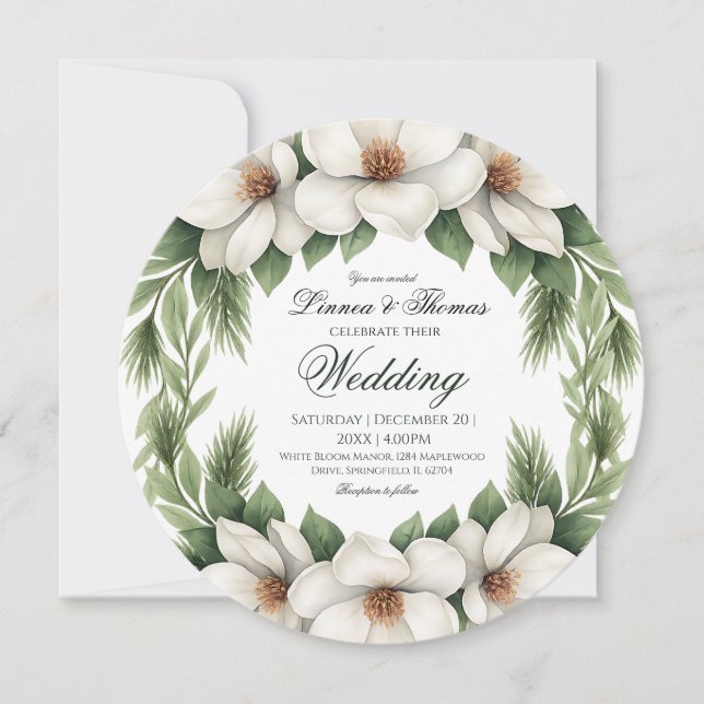 Invitation Elégant cadre de pin Mariage Magnolia blanc (Devant)