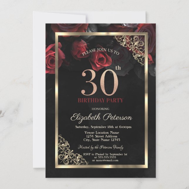 Invitation Elégant cadre de roses rouges Noir 30e anniversair (Devant)
