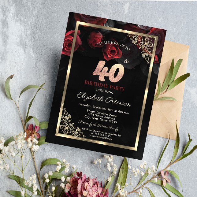 Invitation Elégant cadre de roses rouges Noir 40e anniversair (Créateur téléchargé)
