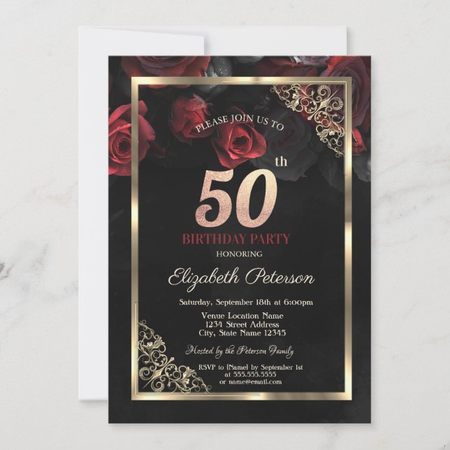 Invitation Elégant cadre de roses rouges Noir 50e anniversair (Devant)