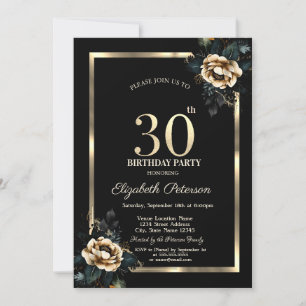 Invitation Elégant cadre d'or Flower Black 30e anniversaire