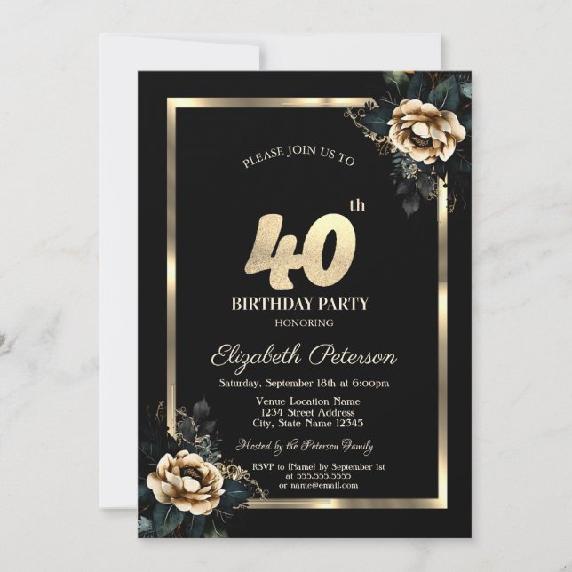 Invitation Elégant cadre d'or Flower Black 40e anniversaire (Devant)