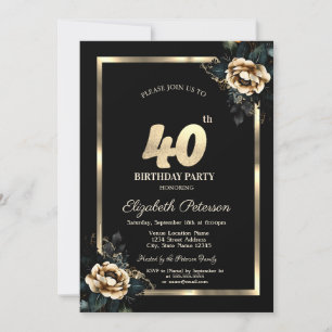 Invitation Elégant cadre d'or Flower Black 40e anniversaire