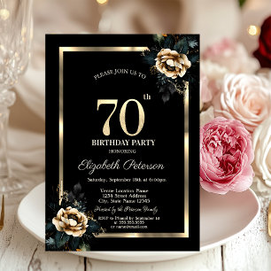 Invitation Elégant cadre d'or Flower Black 70e anniversaire