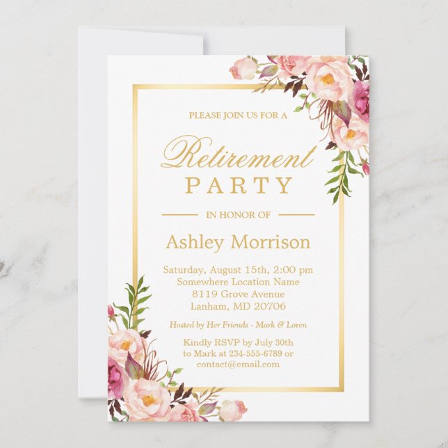 Invitation Elégant cadre floral chic or | Retraite (Devant)