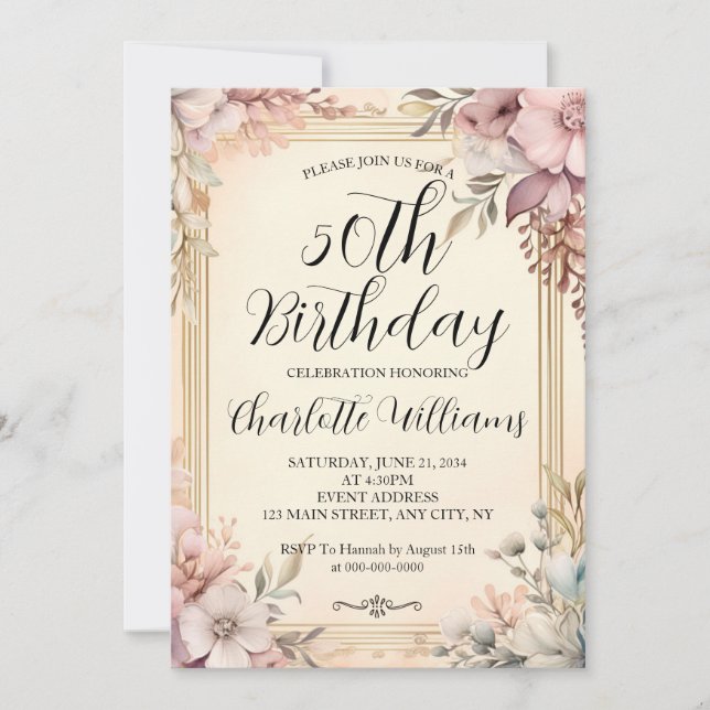 Invitation Elégant cadre Floral Femmes 50e anniversaire (Devant)