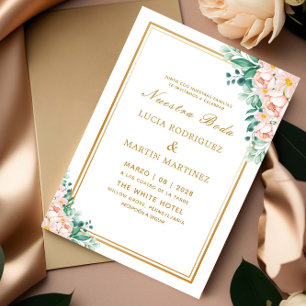 Invitation Elégant cadre Floral Or Blanc Nuestra Boda