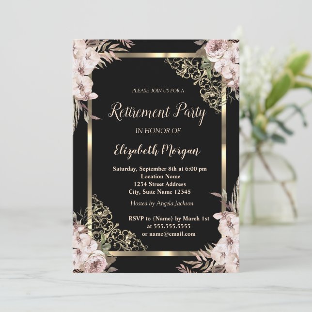 Invitation Élégant cadre Floral Or Boho Flowers Retraite (Debout devant)