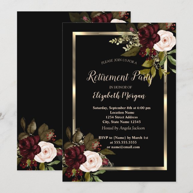 Invitation Elégant cadre Floral Or Bourgogne Rose Noir (Devant / Derrière)