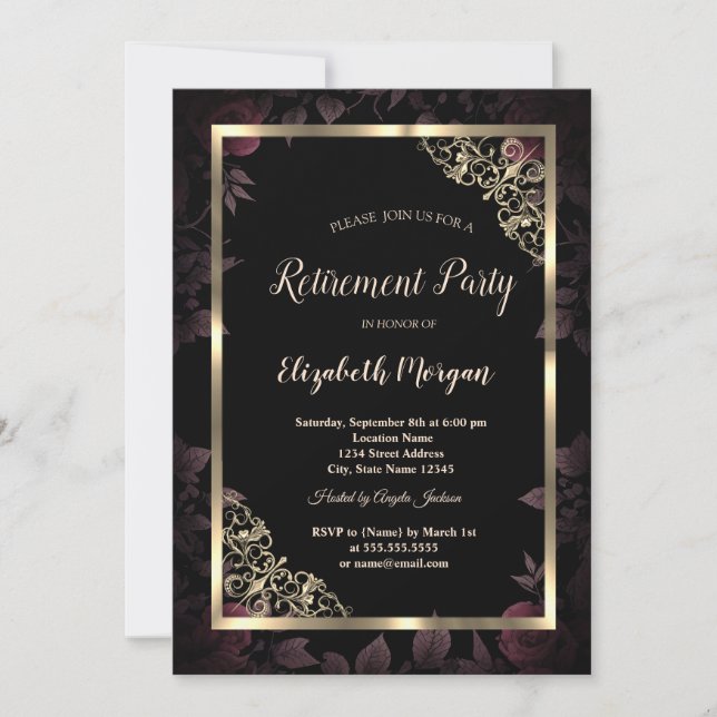 Invitation Elégant cadre Floral Or Fleurs foncées Retraite (Devant)