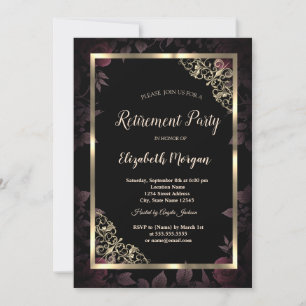 Invitation Elégant cadre Floral Or Fleurs foncées Retraite