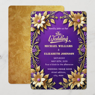 Invitation Elégant cadre Floral Or Mariage violet