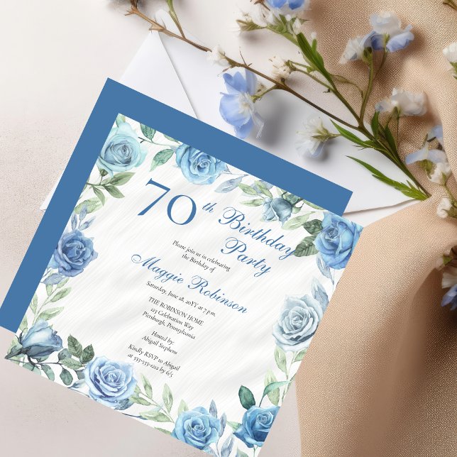 Invitation Elégant cadre Floral Rose bleu 70e fête d'annivers (Elegant Blue Roses Floral Frame 70th Birthday Party Invitation - Available in Print and/or Digital)
