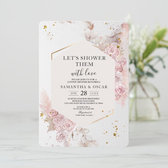 Invitation Elégant cadre floral rose pastel Fancy (Debout devant)