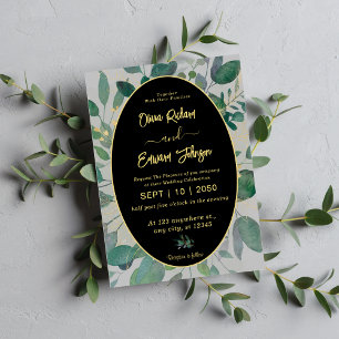 Invitation Elégant cadre géométrique or verdure, Mariage gris