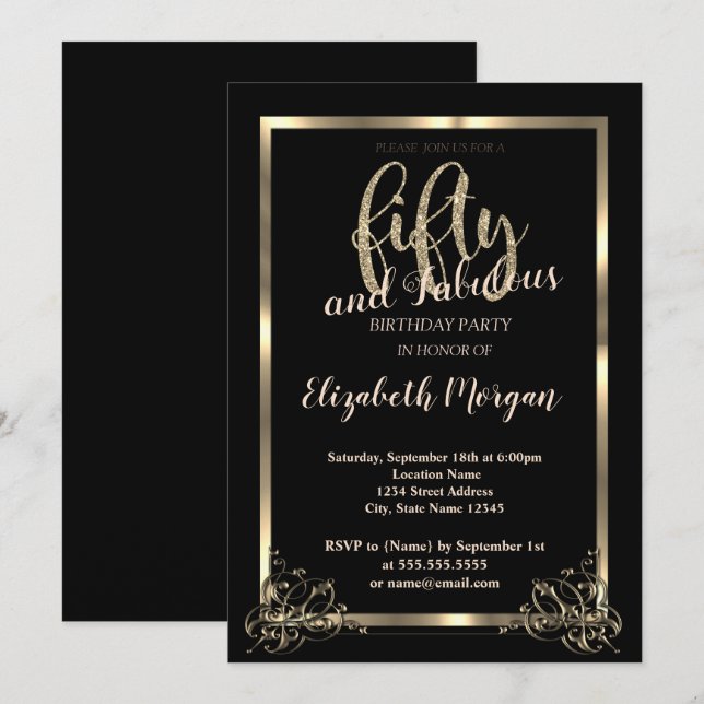Invitation Elégant cadre or, Black 50th Birthday Party (Devant / Derrière)