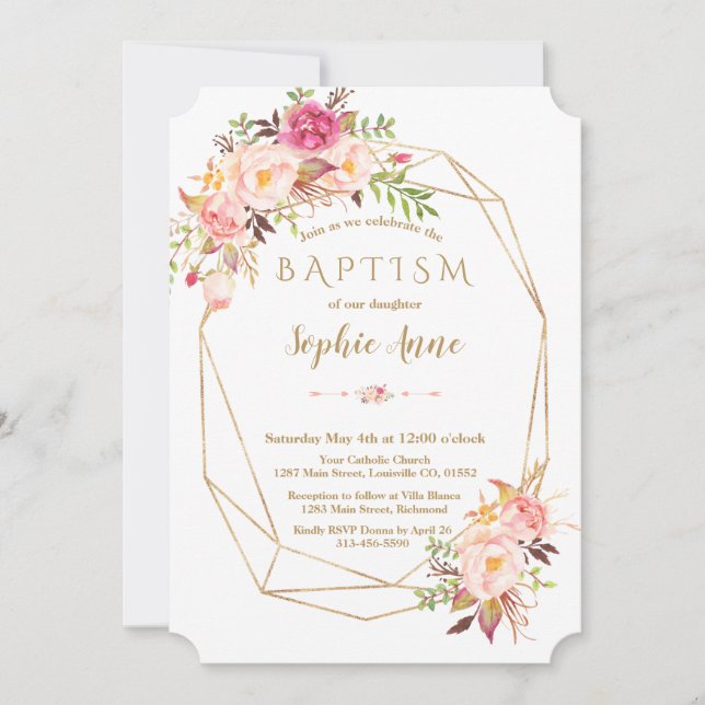 Invitation Élégant cadre or Blush rose floral Baptême (Devant)
