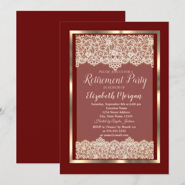 Invitation Elégant cadre or dentelle Bourgogne Parti de retra (Devant / Derrière)