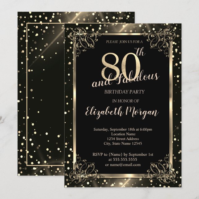 Invitation Elégant cadre or, Dots 80e anniversaire fête (Devant / Derrière)