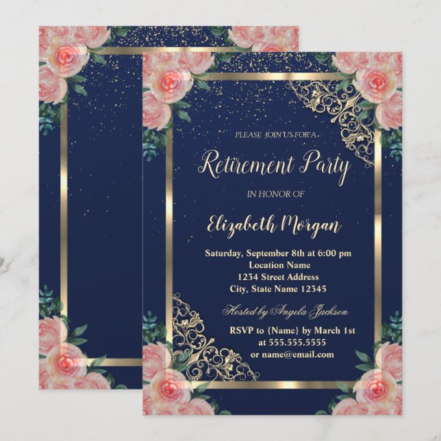 Invitation Elégant cadre or Floral Navy Blue Retraite (Devant / Derrière)