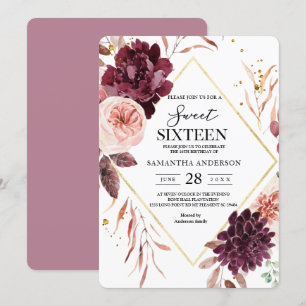 Invitation Elégant cadre Or Floral Rouge & Rose
