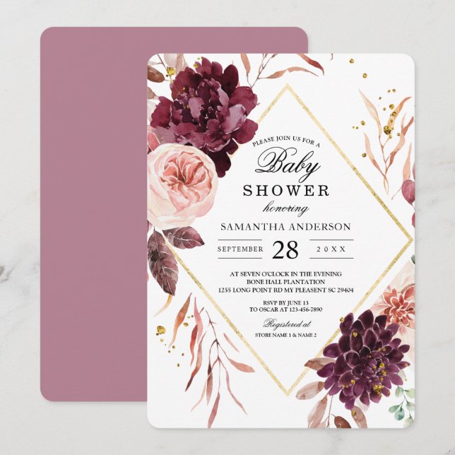 Invitation Elégant cadre Or Floral Rouge & Rose (Devant / Derrière)