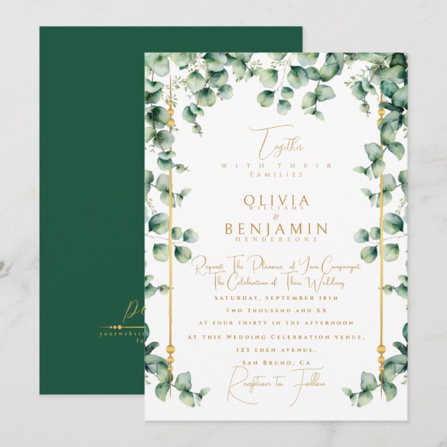 Invitation Elégant cadre or & Mariage de verdure Eucalyptus (Devant / Derrière)