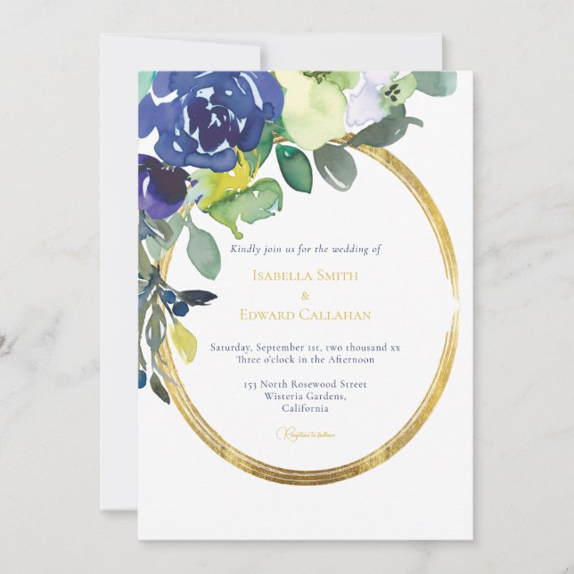 Invitation Elégant cadre or Marine Aquarelle Floral Blanc (Devant)