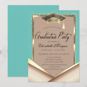 Invitation Elégant cadre Or Séquins Mint Green Graduation