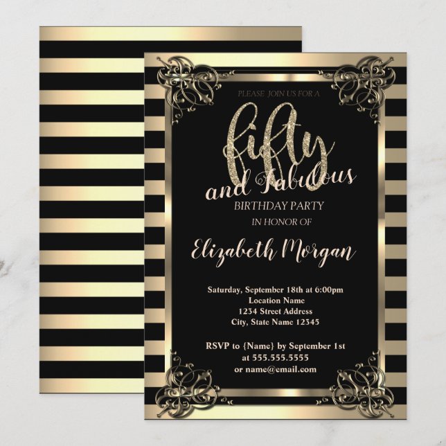 Invitation Elégant cadre or, Stripes 50e anniversaire fête (Devant / Derrière)