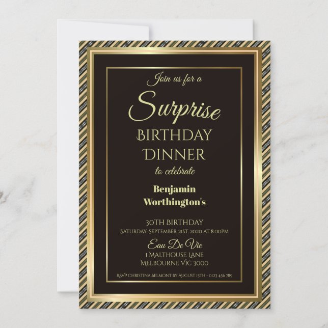 Invitation Elégant cadre Or Surprise 30e anniversaire Dîner (Devant)