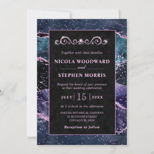 Invitation Elégant cadre or violet et Mariage d'âge bleu