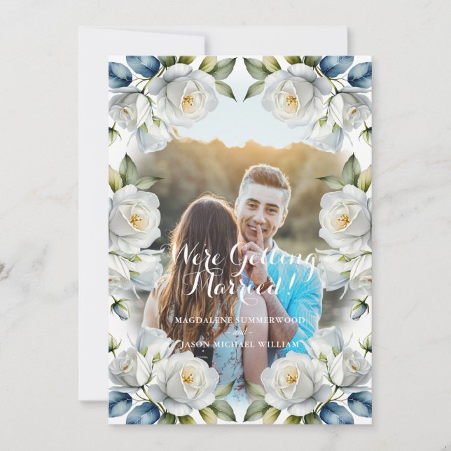 Invitation Élégant cadre Rose blanche Couple Mariage photo (Devant)